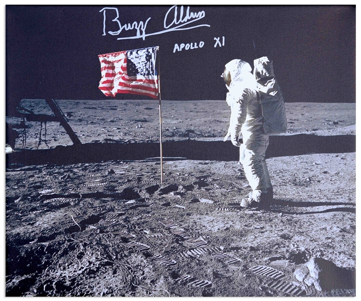 Buzz Aldrin Signed Canvas of the Iconic Apollo 11 Image Showing Aldrin Standing Next to the U.S. Flag -- Measures 24'' x 20''